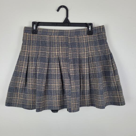 Hoerev Womens M Plaid Pleated Skirt Gray Yellow Mini Skater Wool Blend Y2K - Picture 1 of 8